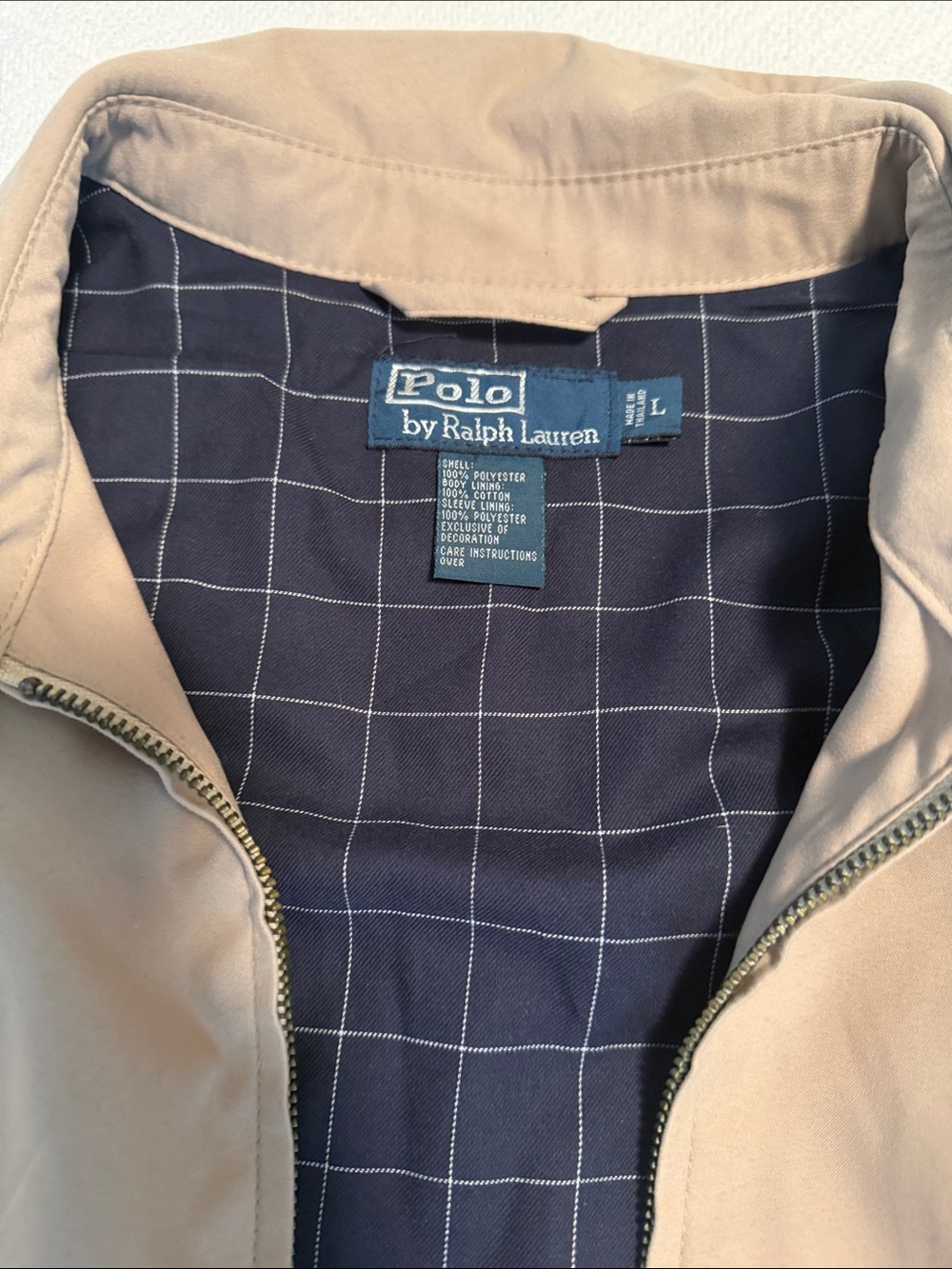 Polo by Ralph Lauren Beige Zip-Front Shirt Jacket with Navy Checked Lining